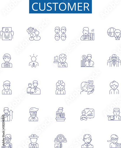 Customer line icons signs set. Design collection of Client, Patron, Purchaser, Consumer, Buyer, Subscriber, User, Guest outline concept vector illustrations