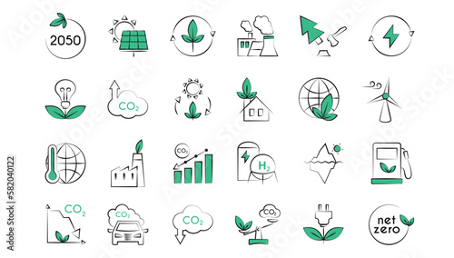 Net zero line icon set. Carbon neutral and net zero concept. Green energy, CO2 neutral, save Earth. Simple outline sign for ecology.