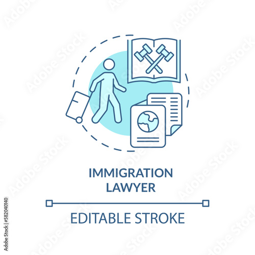 Immigration lawyer turquoise concept icon. Relocation support. Career in advocacy abstract idea thin line illustration. Isolated outline drawing. Editable stroke. Arial, Myriad Pro-Bold fonts used