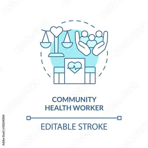 Community health worker turquoise concept icon. Social services. Career in advocacy abstract idea thin line illustration. Isolated outline drawing. Editable stroke. Arial, Myriad Pro-Bold fonts used