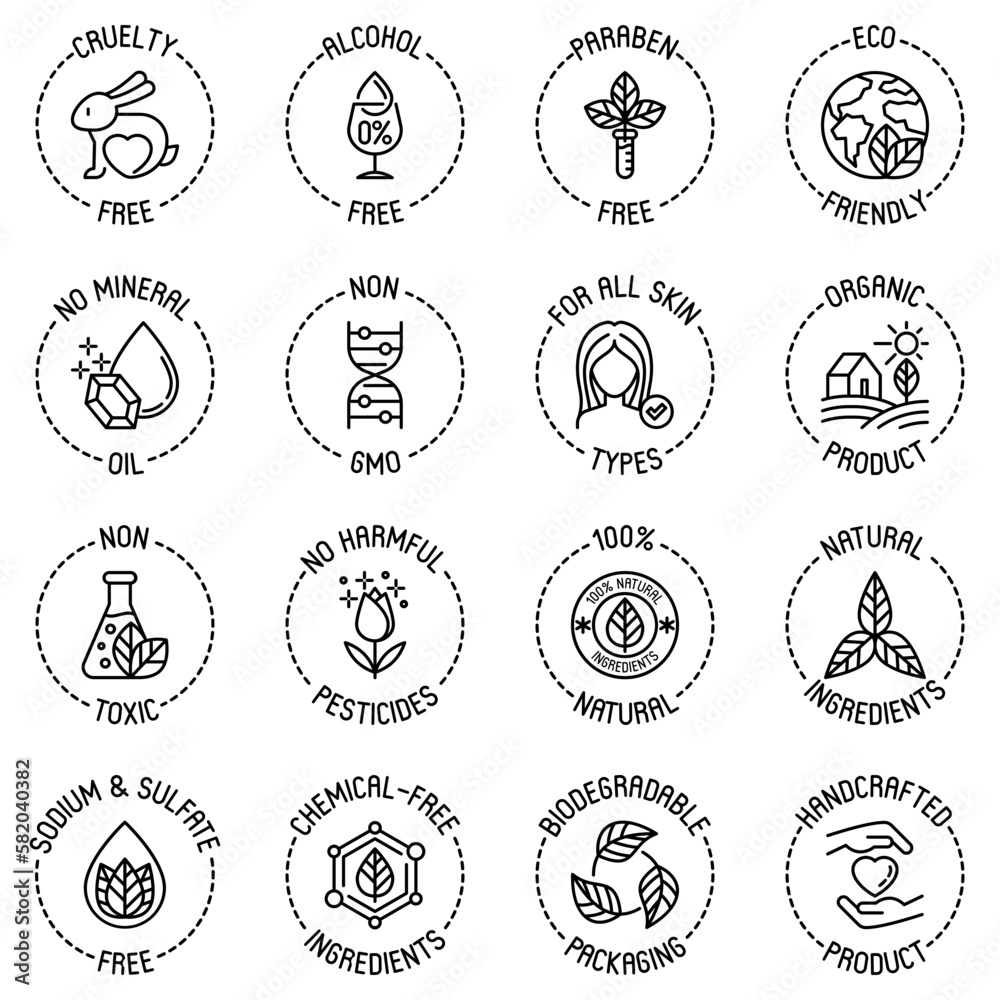Organic cosmetics set of thin line icons for product packaging. Cruelty free, 0% alcohol, natural ingredients, paraben free, eco friendly, no mineral oil, non GMO. Modern vector illustration.