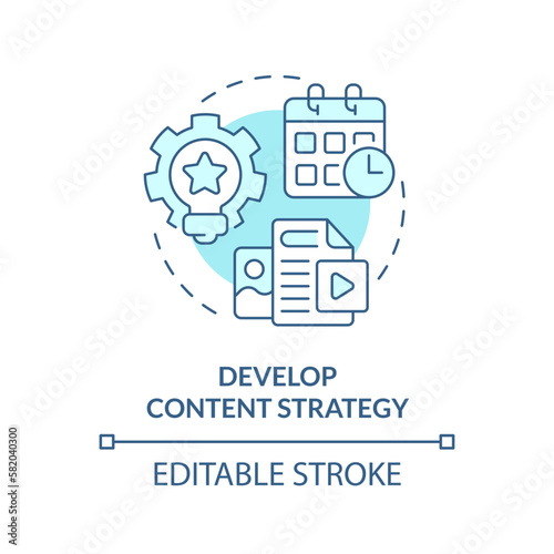 Develop content strategy turquoise concept icon. Social media feature for advocacy abstract idea thin line illustration. Isolated outline drawing. Editable stroke. Arial, Myriad Pro-Bold fonts used