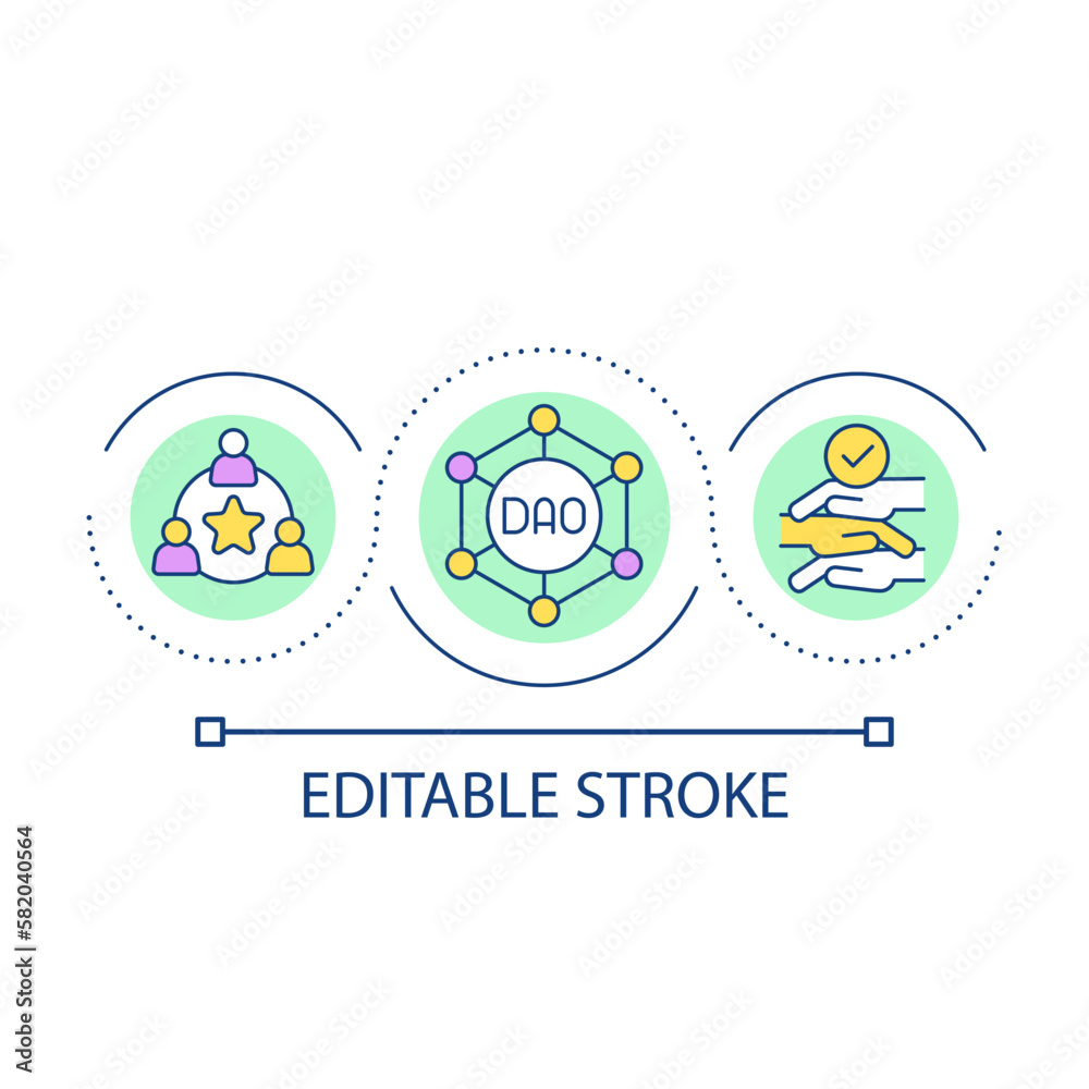 DAO network development loop concept icon. Decentralized organization of online business abstract idea thin line illustration. Isolated outline drawing. Editable stroke. Arial font used