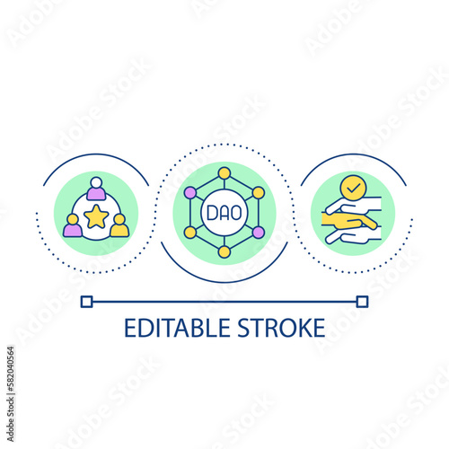 DAO network development loop concept icon. Decentralized organization of online business abstract idea thin line illustration. Isolated outline drawing. Editable stroke. Arial font used