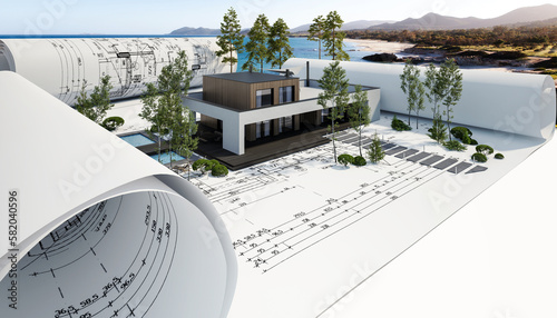 Bauplanung eines modernen Einfamilienhauses mit Dachterrasse und Swimmingpool (Miditerrane Küstenlandschaft im Hintergrund) - 3D Visualisierung photo