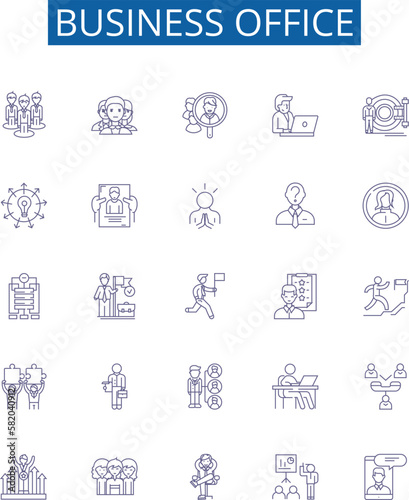 Business office line icons signs set. Design collection of Office, Business, Commercial, Desk, Furniture, Equipment, Files, Chairs outline concept vector illustrations