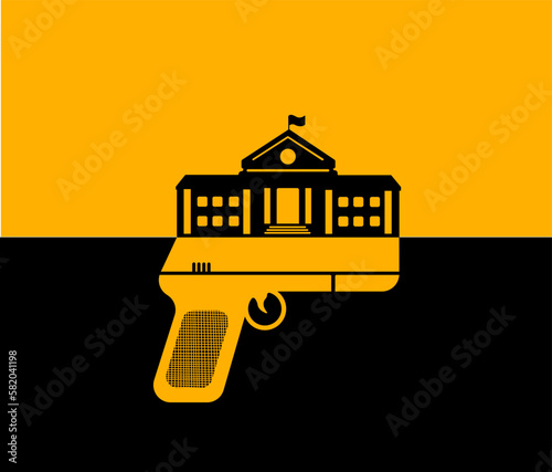 Illustration of a high school and a gun. Concept illustration of bad occurrence related to shooting in school premises.