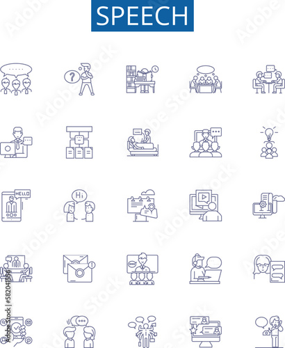 Speech line icons signs set. Design collection of Speech, Oral, Address, Oratory, Talk, Lecture, Monologue, Discourse outline concept vector illustrations