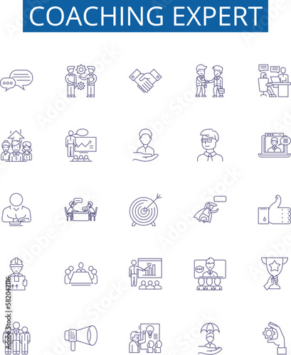Coaching expert line icons signs set. Design collection of Mentor, Advisor, Guide, Tutor, Consultant, Facilitator, Instructor, Teacher outline concept vector illustrations
