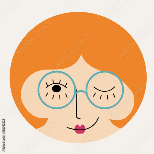 Feminine look, abstract personage, mascot design, funny face, cute icon.