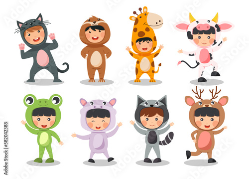 Set of happy children is wearing animal costumes . Cat Sloth bear Giraffe Cow Frog Hippopotamus Raccoon Deer . Flat cartoon characters design . Vector .