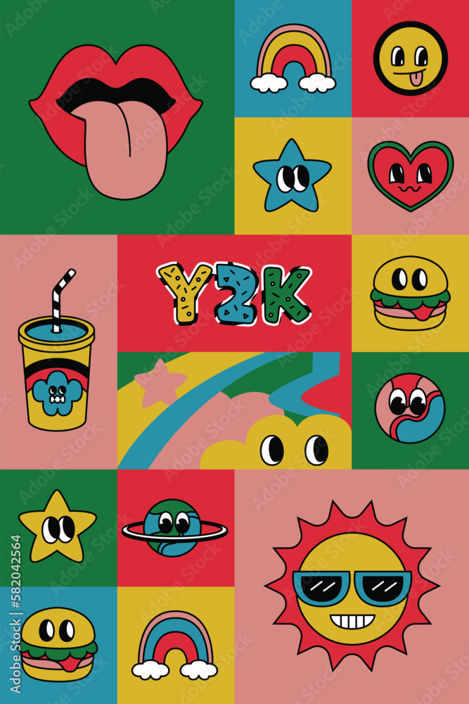 Fototapeta premium Funny doodles. Y2K Trendy illustration for poster, postcard or background