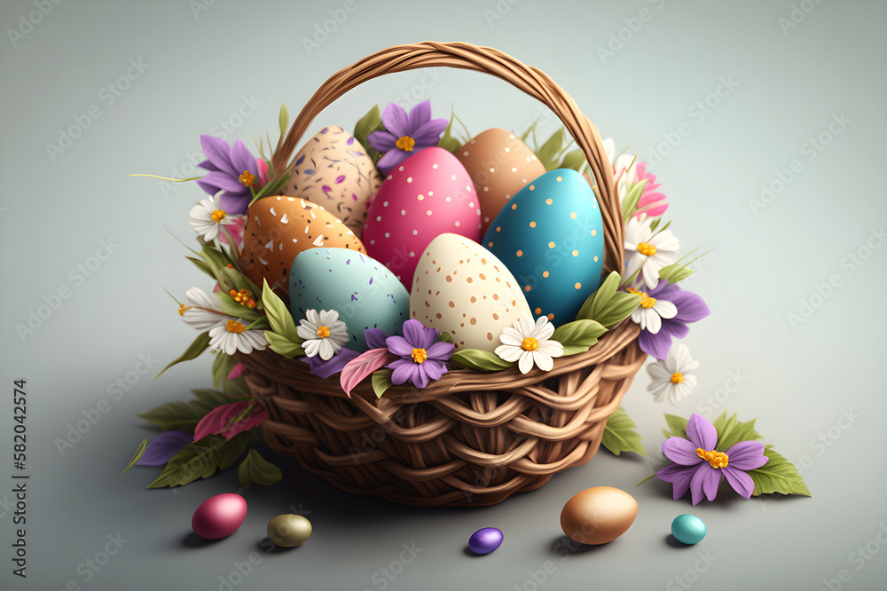 Easter eggs in pastel color in a basket on a grey background. With Generative AI tehnology