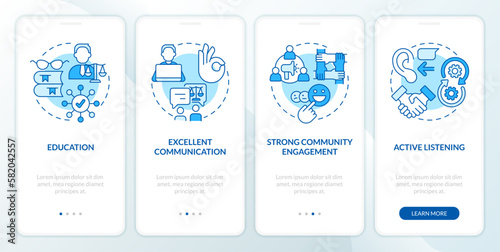 Effective advocate traits blue onboarding mobile app screen. Law walkthrough 4 steps editable graphic instructions with linear concepts. UI, UX, GUI template. Myriad Pro-Bold, Regular fonts used