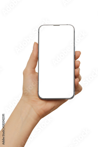 Female hand holding modern mobile phone with blank screenwith copyspace  isolated at white background. Cellphone mockup.