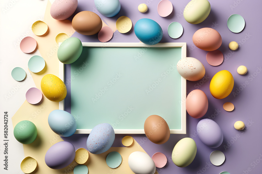 Easter eggs of delicate color around a frame with a place for text. Violet background. Happy easter. With Generative AI tehnology Easter eggs of delicate color around a frame with a place for text. Violet background. Happy easter. With Generative AI tehnology