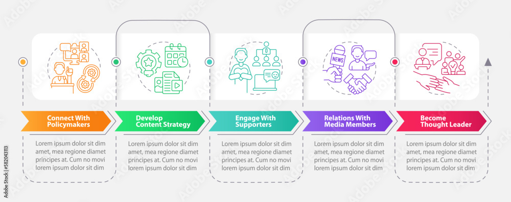 Social media strategies for advocacy rectangle infographic template. Data visualization with 5 steps. Editable timeline info chart. Workflow layout with line icons. Myriad Pro-Bold, Regular fonts used