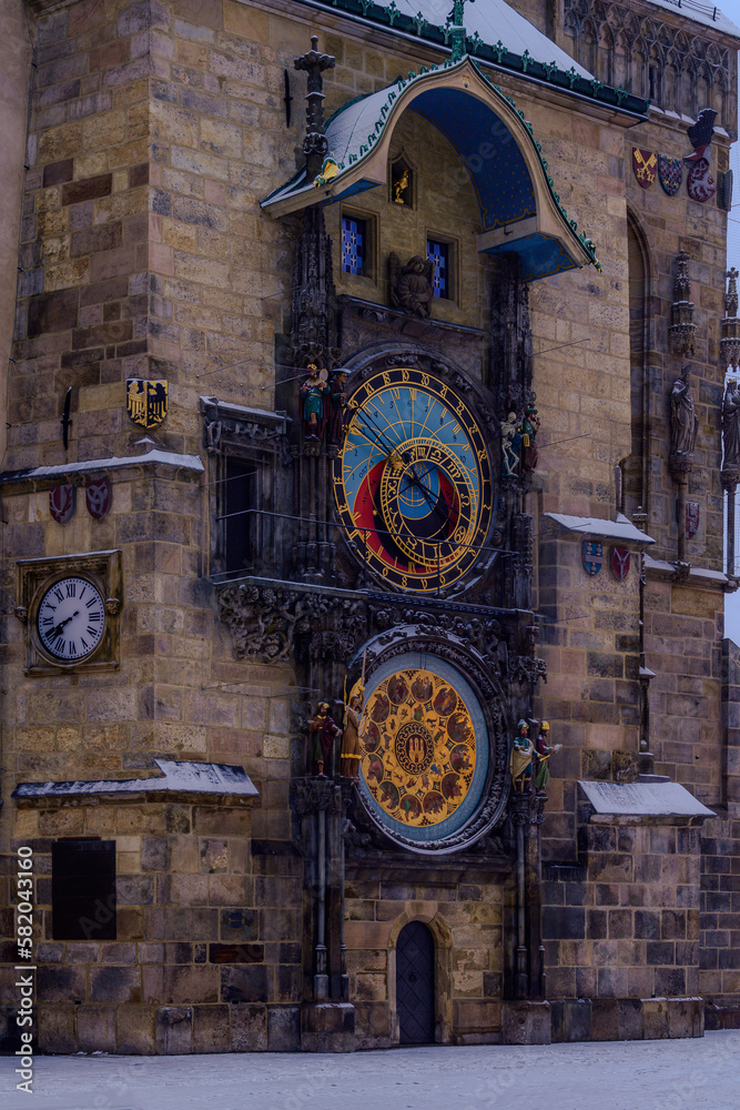 The astronomical clock (Orloj) on the Old Town Square (Staroměstské Náměstí) in Prague in the early winter morning.