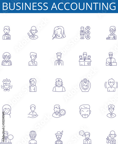 Business accounting line icons signs set. Design collection of Accounting, Business, Finance, Bookkeeping, Ledger, Reconciliation, Chart, Bank outline concept vector illustrations