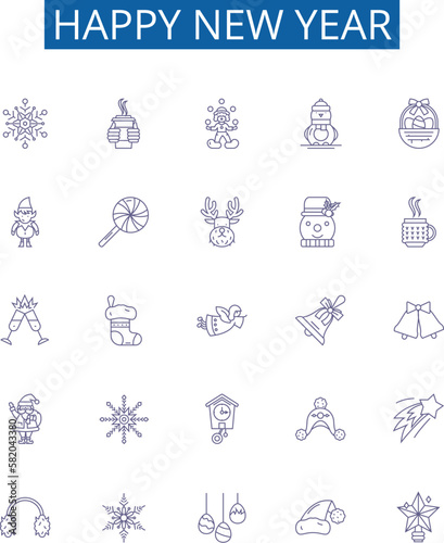 Happy new year line icons signs set. Design collection of Glad, Joyous, Cheerful, Merry, Festive, Blessing, Jubilant, Optimistic outline concept vector illustrations