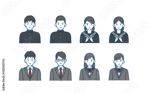 学ランとブレザーを着た学生のイラスト　中高生　男女