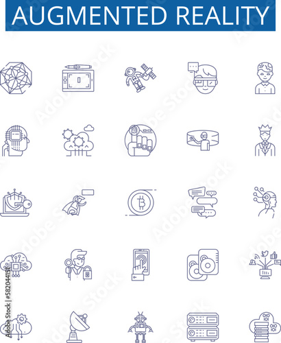 Augmented reality line icons signs set. Design collection of Augmented, Reality, AR, Technology, 3D, Digital, Interactive, Visualization outline concept vector illustrations