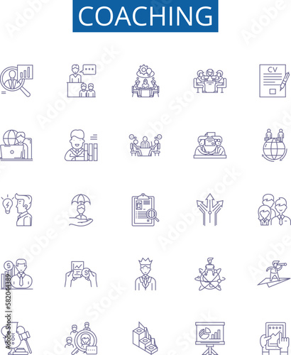 Coaching line icons signs set. Design collection of Mentoring, Guiding, Educating, Advising, Instructing, Counselling, Directing, Motivating outline concept vector illustrations