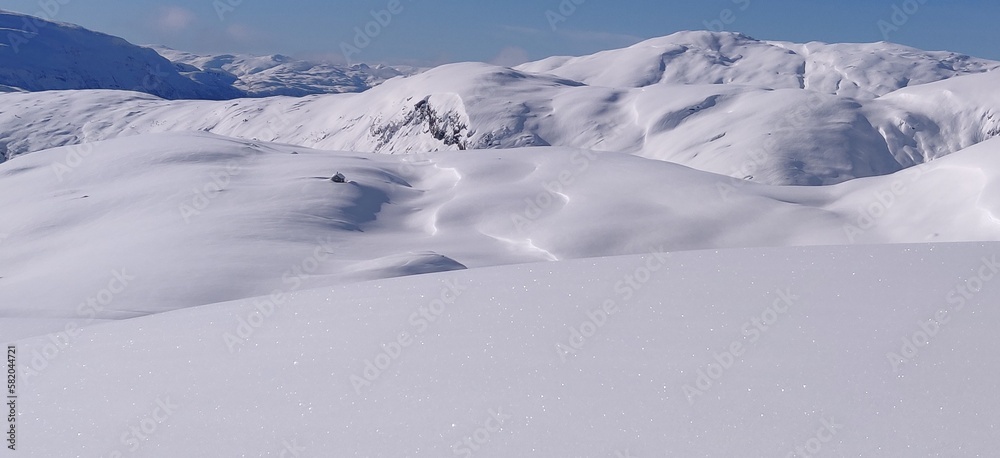 Snow winter landscape with blue sky norway 