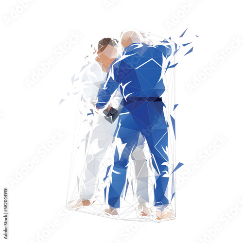 Judo contest, two men in keikogi. Low poly vector illustration from triangles. Modern Jamapese matial art