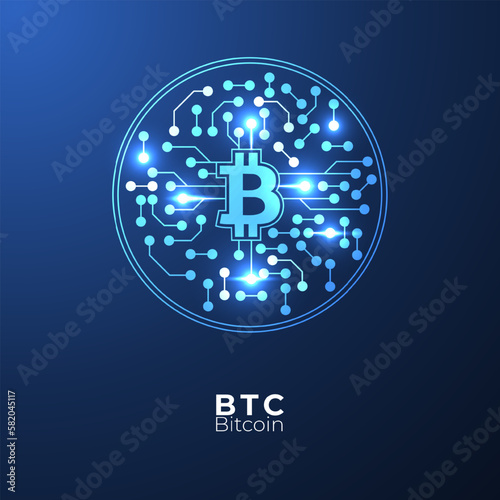 Bitcoin cryptocurrency with circuit breaker of blockchain technology. Digital money decentralization. Vector art illustration