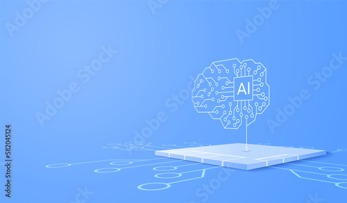3D artificial intelligence with circuit electric background. Digital futuristic big data visualization and human brain machine learning. vector banner art illustration.