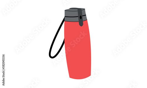 Water bottle, reusable eco-friendly tumbler for sport gym, travel. Plastic vessel for drink, liquid closed with cap on loop. Vacuum thermos. Flat vector illustration isolated on white background