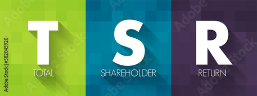 TSR Total Shareholder Return - measure of the performance of different companies' stocks and shares over time, acronym text concept background