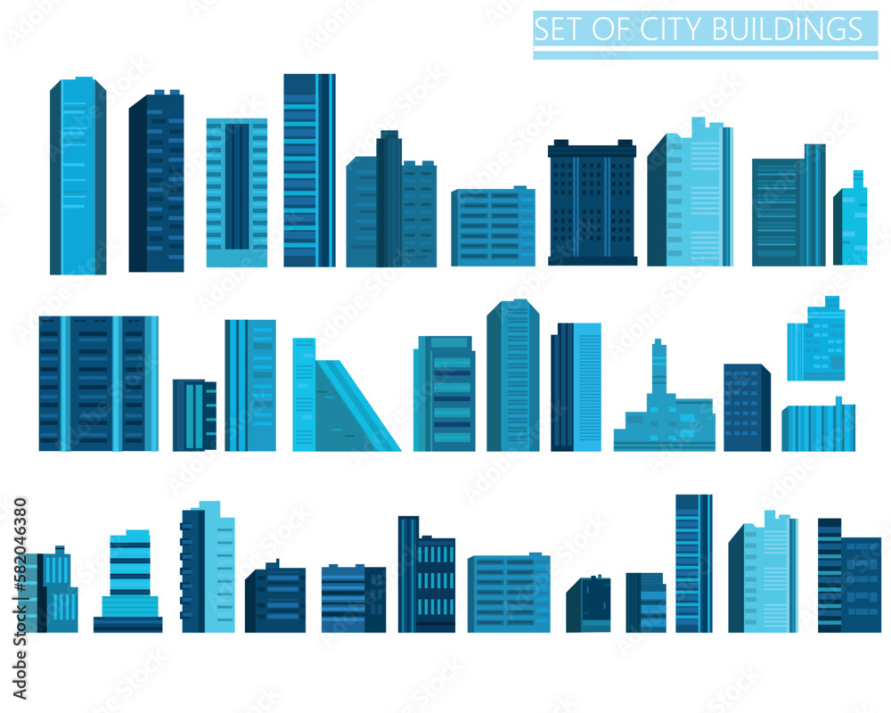 Set of city buildings in dark blue. Modern skyscrapers