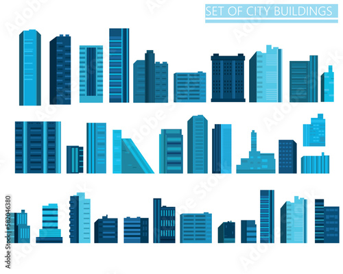 Set of city buildings in dark blue. Modern skyscrapers