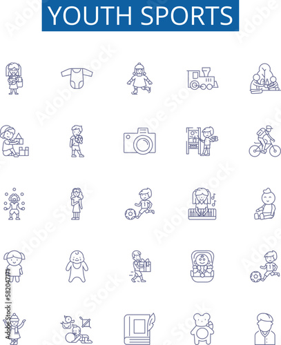 Youth sports line icons signs set. Design collection of Youth, Sports, Soccer, Basketball, Football, Baseball, Hockey, Lacrosse outline concept vector illustrations