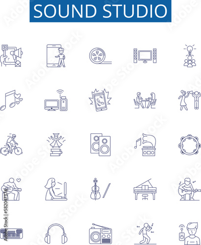 Sound studio line icons signs set. Design collection of Recording, Mixing, Music, Soundstage, Microphone, Producer, Audio, Broadcast outline concept vector illustrations photo