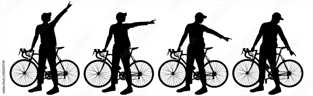 The guy with the bike. A group of cyclists. The young man shows his hands in different directions. Route search. Side view, profile. Four silhouettes in black color isolated on white background The guy with the bike. A group of cyclists. The young man shows his hands in different directions. Route search. Side view, profile. Four silhouettes in black color isolated on white background