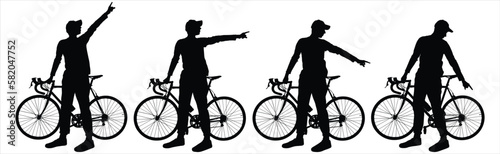 The guy with the bike. A group of cyclists. The young man shows his hands in different directions. Route search. Side view, profile. Four silhouettes in black color isolated on white background
