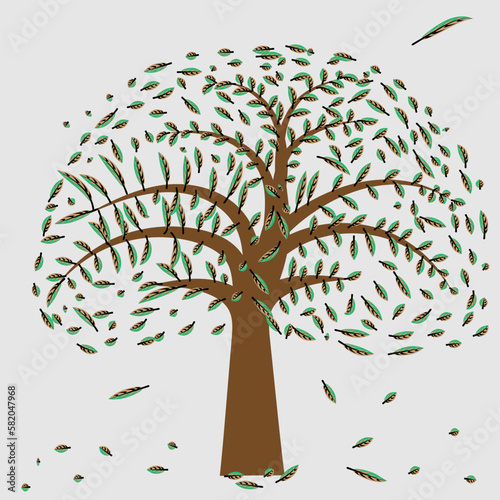 Abstract background illustration of a canopy tree whose leaves are brown and green on isolated white background.