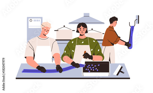 Candy production workshop. Workers making sweets at confectionery factory. Employee team cooking licorice caramel at confectionary plant. Flat vector illustration isolated on white background