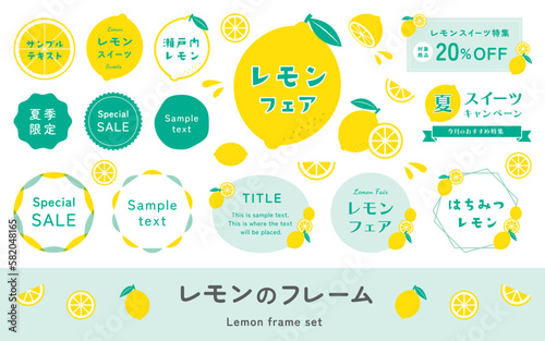 かわいいレモンのフレームセット。檸檬のイラスト飾り、シトラス・柑橘系の果物。夏・季節のフルーツ。ベクター、ロゴ文字素材。