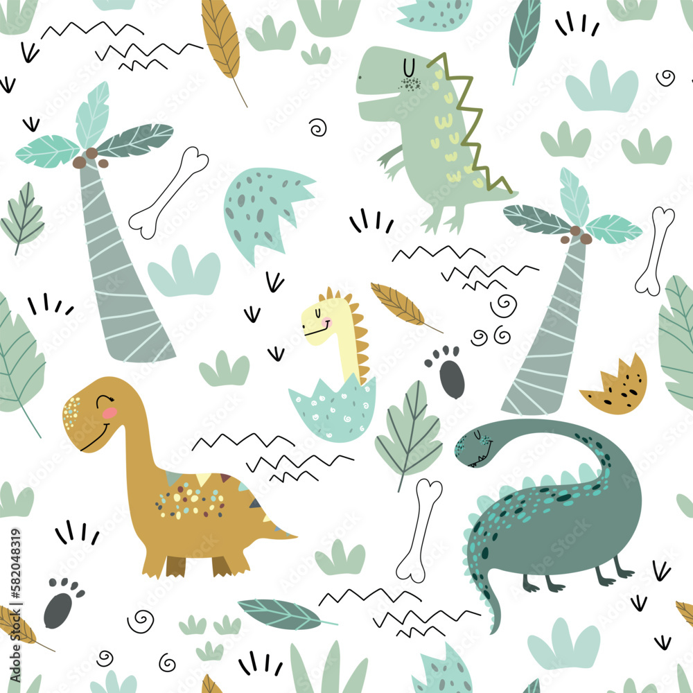 Fototapeta premium Baby seamless pattern with cute dinosaurus, plants, eggs, bones. Creative vector childish background for fabric, textile, nursery wallpaper. Vector Illustration.