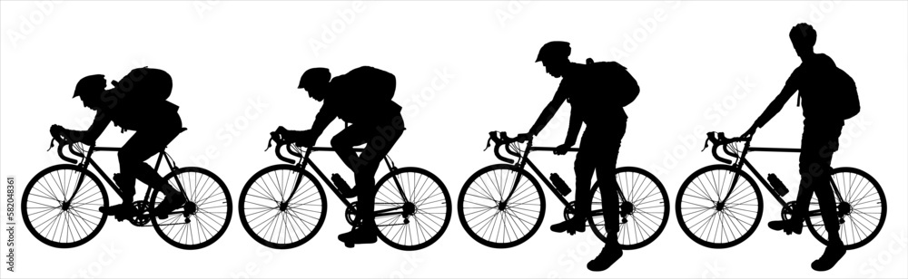 Obraz premium A guy in a protective sports helmet with a backpack behind his back. A cyclist is preparing to get on the bike, gets on the bike, and rides the bicycle. Side view. Black color silhouette isolated