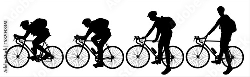 A guy in a protective sports helmet with a backpack behind his back. A cyclist is preparing to get on the bike, gets on the bike, and rides the bicycle. Side view. Black color silhouette isolated