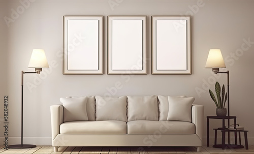 Three blank black picture frames hanging above a couch. Mock up template for Design or product placement created using generative AI tools