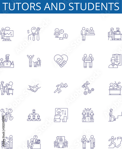 Tutors and students line icons signs set. Design collection of Tutors, Students, Teaching, Learning, Coaching, Instructing, Mentoring, Guiding outline concept vector illustrations