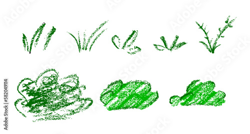 vector green simple crayon grass, set 8 isolated on white