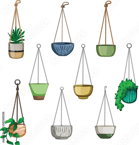 hanging planter set cartoon vector illustration