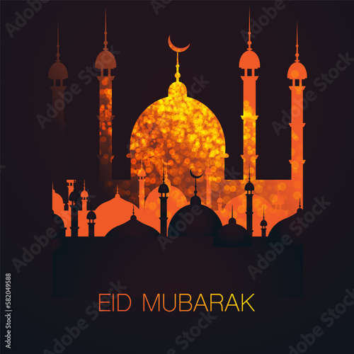 Ramadan Kareem or Eid Mubarak - Best Wishes Greeting Card Design for Muslim Community Festival with Golden Firery Artistic Mosque Silhouettes in the Dark Night
